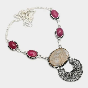 Yellow Moss Agate Simulated Ruby Gemstone Necklace Jewelry 32 Gms AN 14846 - Picture 1 of 1