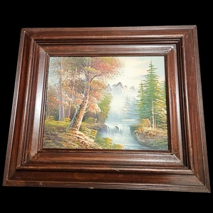 Mc Scott Signed Mountain Landscape Waterfall Acrylic Painting 15x13 Wood Frame - Picture 1 of 7