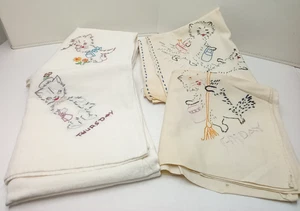 Lot-4 Tablecloths Hand-Embroidered Kitsch Thurs Mon Fri Cats Linen Muslin 32x30 - Picture 1 of 15