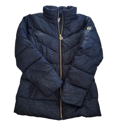 Michael Kors Packable Black down fill leopard Animal print puffer jacket Sz 14  - Image 1 of 4