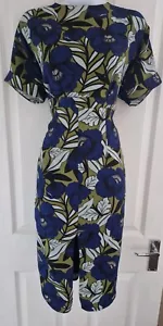 Women's Asos Dress Uk10 Pencil Blue Green Floral Work Party Kimono Sleeve Vgc - Picture 1 of 3