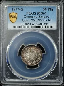 1877-G DEUTSCHES REICH 50 PFENNIG PCGS MS67 TYP 2 MIT KRANZ J-8 POP 3+0! (03979) - Bild 1 von 6