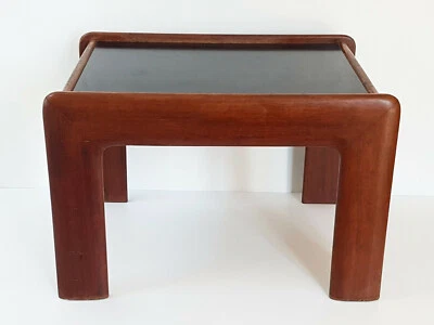 TABLE BASSE BOUT DE CANAPE SCANDINAVE 1960 EN TECK MASSIF & FORMICA NOIR VINTAGE - Photo 1/4
