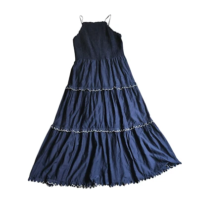 Vestido maxi Anne Klein feminino L azul marinho em camadas acabamento vieira manchado Cottagecore - Imagem 1 de 4