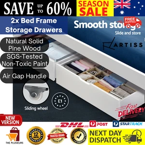 2 X Under Bed Storage Drawers Box Wooden Trundle Pine Wood Base Timber W/ Wheels - Picture 1 of 13