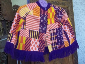 Vintage 1960s short Poncho Sweater with fringe Wild Patchwork design S / XS - Picture 1 of 12