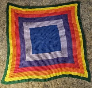Afghan Blanket Rainbow Square Pattern Blue Green Red Yellow Purple 68x68 Throw - Picture 1 of 18