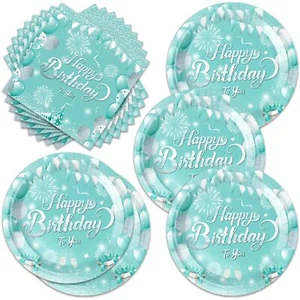 40pcs Teal And Silver Birthday Party Supplies Happy Birthday Party Tableware Set - Picture 1 of 8