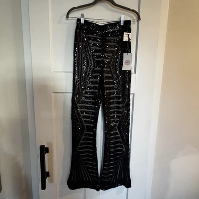 Crystal Sky Women’s Size XS NWT Sequin Black Pants Flare Pull On - Image 1 of 4