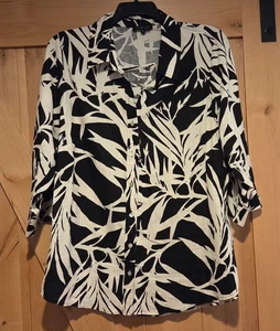 Rachel Zoe Linen Rayon Shirt Womens 2X Tropical Palm Black White Button Up Shirt - Picture 1 of 11