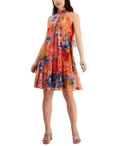 Robbie Bee Women's Floral-Print Sleeveless Trapeze Dress - Pink/orang Size 12 - Picture 1 of 3