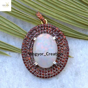 Natural Opal Gemstone Statement Pendant Garnet Necklace 925 Solid Silver Gifts - Picture 1 of 5