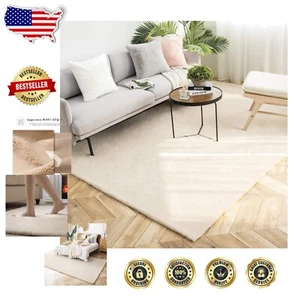 Luxuriously Plush 5x7 Beige Faux Rabbit Fur Area Rug for Bedroom and Living Room - Picture 1 of 9