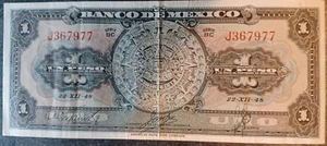 MEXICO 1 Peso 1948 Banco de México S.A. Aztec Calendar 4349# Banknote Money - Picture 1 of 2