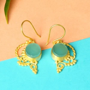 Handmade Round Shape Blue Chalcedony Gemstone Twisted Wire Drop Earrings - Picture 1 of 6