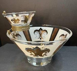 MCM MINT Anchor Hocking Glass Chip and Dip Set White Gold Fleur De Lis - Picture 1 of 14