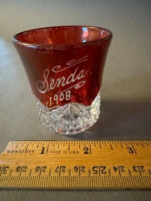 EAPG RUBY STAINED SENDA 1908 ETCHED ANTIQUE SHOT GLASS TOOTHPICK HOLDER - Image 1 of 4