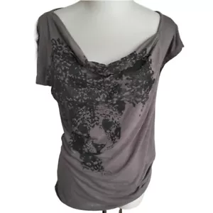 Vintage Y2k Living Doll Grey & Black Glitter Leopard Off Ruching T Shirt Size S - Picture 1 of 8