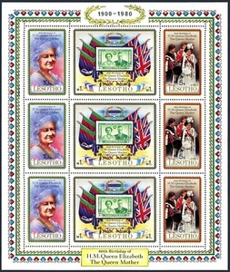 Lesotho 313 sheet, MNH. Mi 316-318 klb. Queen Mother Elizabeth-80,1 980. Flags. - Picture 1 of 1