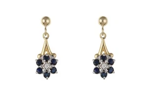 Sapphire and Diamond Earrings Yellow Gold Cluster Drop Natural Stones Hallmarked - Picture 1 of 3