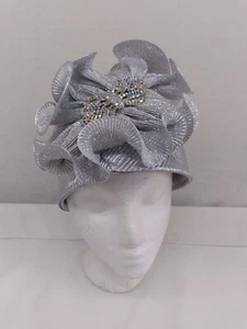 MR HI's LADIES SILVER ELEGANT RUFFLED CHURCH HAT WITH  RHINESTONE ACCENT - Picture 1 of 15