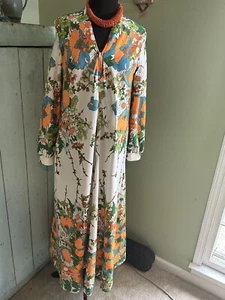 Vintage 1970's Bright Psychedelic Floral Long Sleeve Maxi Dress Women's M - Picture 1 of 9