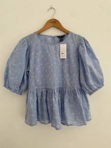 New Look Broderie Anglaise Top Size 14 Baby Blue White Puff Sleeve Floral - Picture 1 of 5