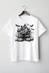 Fall Season Happy Halloween Spooky House Fun Whimsical Graphic T-Shirt Tee Shirt - Picture 1 of 2