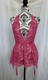 Victoria&rsquo;s Secret Pink Lace Halter Babydoll Lingerie Set Garter Thong Size M