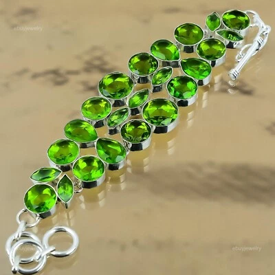 Natural Peridot Gemstone Chain Green Adjustable Bracelet 925 Sterling Silver - Image 1 of 4