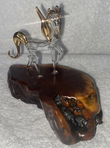 Hand Blown PEGASUS HORSE Crystal Clear GLASS Figurine-Gold Gild on wood Unsigned - Picture 1 of 12