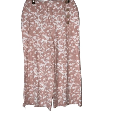 Kaktus Pants Wmns Sz M Cotton Linen Pink Peach Cropped Floral Wooden Buttons - Image 1 of 4