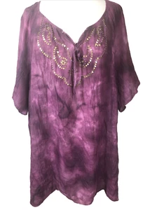 Maggie Barnes Womens Size 26/28 Purple Tye Die Gauze Peasant Top Sequin Accents - Picture 1 of 8