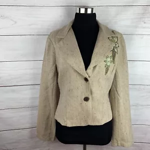 Rue21 wool tweed blazer embroidery Large 8 10 12 floral button collar Brown Art - Picture 1 of 12