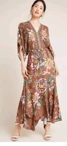 Maxi abito midi FARM Rio per Anthropologie Valentina marrone floreale scollo a V S - Foto 1 di 8