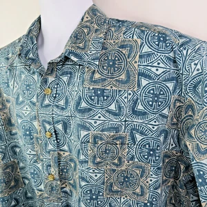 Cooke Street Hawaiian Aloha Shirt Mens 2XL Teal Tribal Reverse Print 100% Cotton - Picture 1 of 10