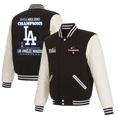 Los Angeles Dodgers World Series Champions Fleece  & PVC Leather Jacket BLK /WHT - Image 1 of 4