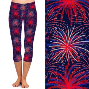 Fireworks 4th of July Americana Women's CAPRI Leggings Plus Size TC 10-18 - Picture 1 of 1
