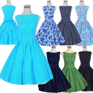 50s 60s 70s Style Vintage Retro Rockabilly Tea Dress Party Swing Dresses Cotton - Picture 1 of 29