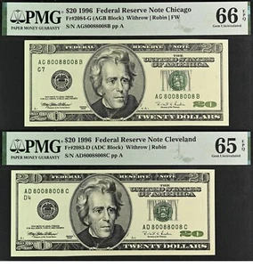 2-Notes - 1996 $20 FRN - PMG 66EPQ Top Pop Radar Repeater Rotator 80088008 - Picture 1 of 7