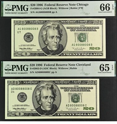 2-Notes - 1996 $20 FRN - PMG 66EPQ Top Pop Radar Repeater Rotator 80088008 - Image 1 of 4