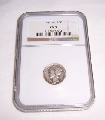 1942/41 Mercury Dime Graded NGC VG 8 (1942/1) Key Date - Image 1 of 4