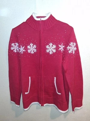 Quacker Factory Sweater Cardigan M Red Snowflake Beaded Angora Christmas Holiday - Image 1 of 4
