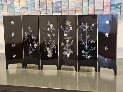 MCM Chinese Lacquer Mother of Pearl 4-Season Motif 6-Panel Table Screen 24"x12" - Image 1 of 4