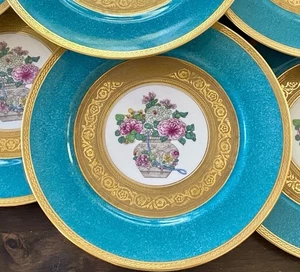 "Antiguo juego de 12 placas de oro y turquesa estilo Bernardaud Limoges Sèvres 10,5""" - Imagen 1 de 21