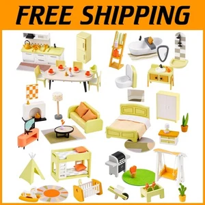 Premium Quality 85-Piece Wooden Dollhouse Accessories - For Kids 3 Years and Up - Picture 1 of 11