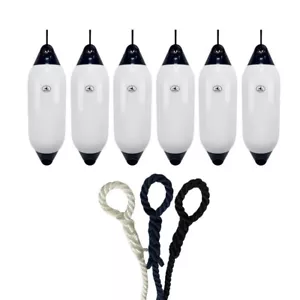 6 x HURRICANE Boat Fenders: White/ Blue PM04 - FREE SPLICED END 10MM ROPE - Picture 1 of 2