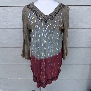 Greater Good Womens Tunic Shirt Sz L XL Brown Gray Red Sequin Boho Hippie Top - Picture 1 of 10