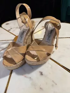 JIMMY CHOO Womens Sandals 36 US 6 Patent Leather Nude Espadrille Platform Wedge - Picture 1 of 7