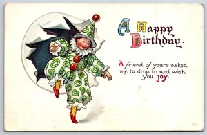 Pierrot Clown Jumps Through Paper Hoop~Drops By To Wish You Joy~Embossed~1915 - Picture 1 of 2